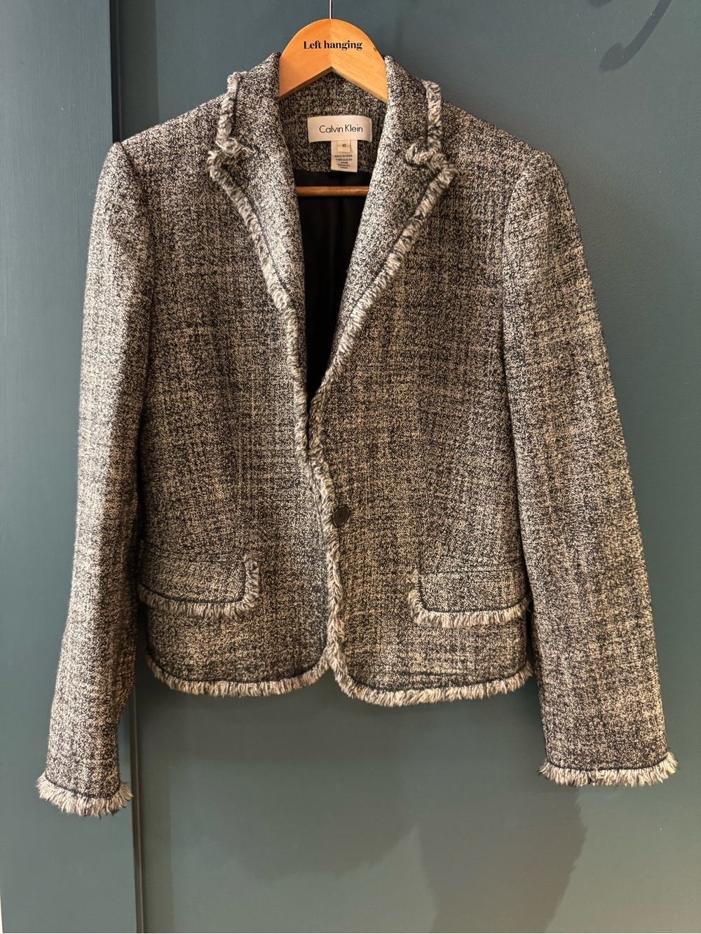Calvin Klein Parisian Lined Black White Tweed Fringe Wool Jacket Size 10 Blazer